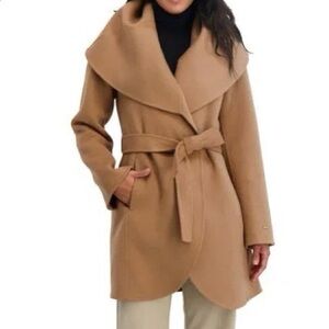 TAHARI Camel-Colored Wool Blend Wrap Coat